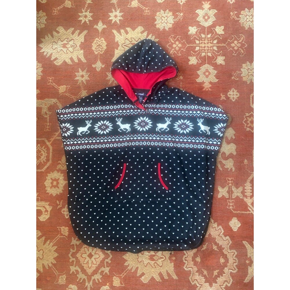 Chaps Fair Isle Reindeer Fleece Hooded Poncho Cape w/ Pocket Size Small
